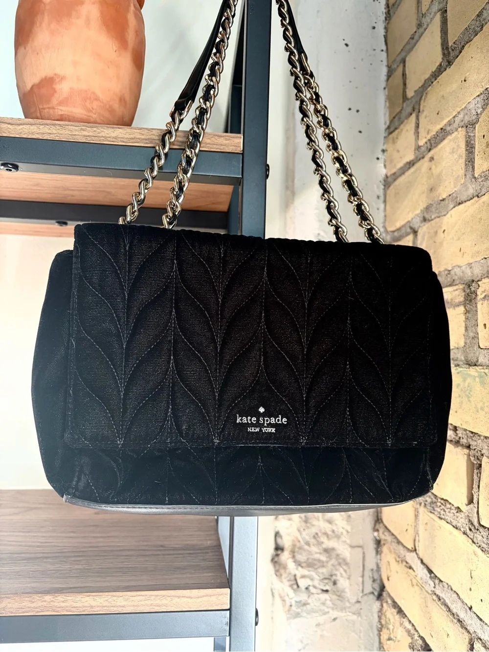Kate Spade Briar Lane Quilted Velvet Emelyn Convertible Shoulder Bag Black